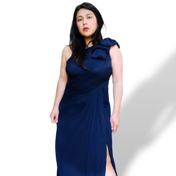 Tadashi Shoji navy blue pleated one shoulder with bow detail maxi gown women's 8 - Picture 1 of 6